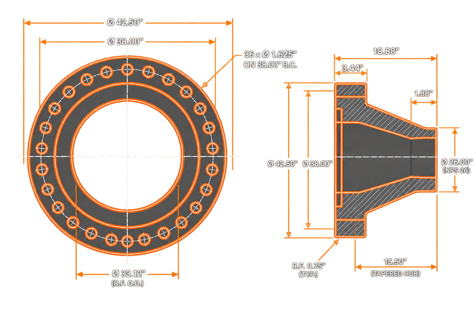 ASME B16.47 Series B Class 900 Weld Neck Flange Technical Drawing